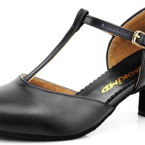 Women's Leather T-Strap Latin Salsa Ballroom Dance Heels Non-Slip Pumps